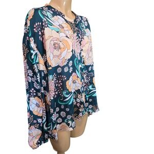 Ryegrass Floral Print Button Front Long Sleeve Blouse Top XXL Green‎ Pink Orange